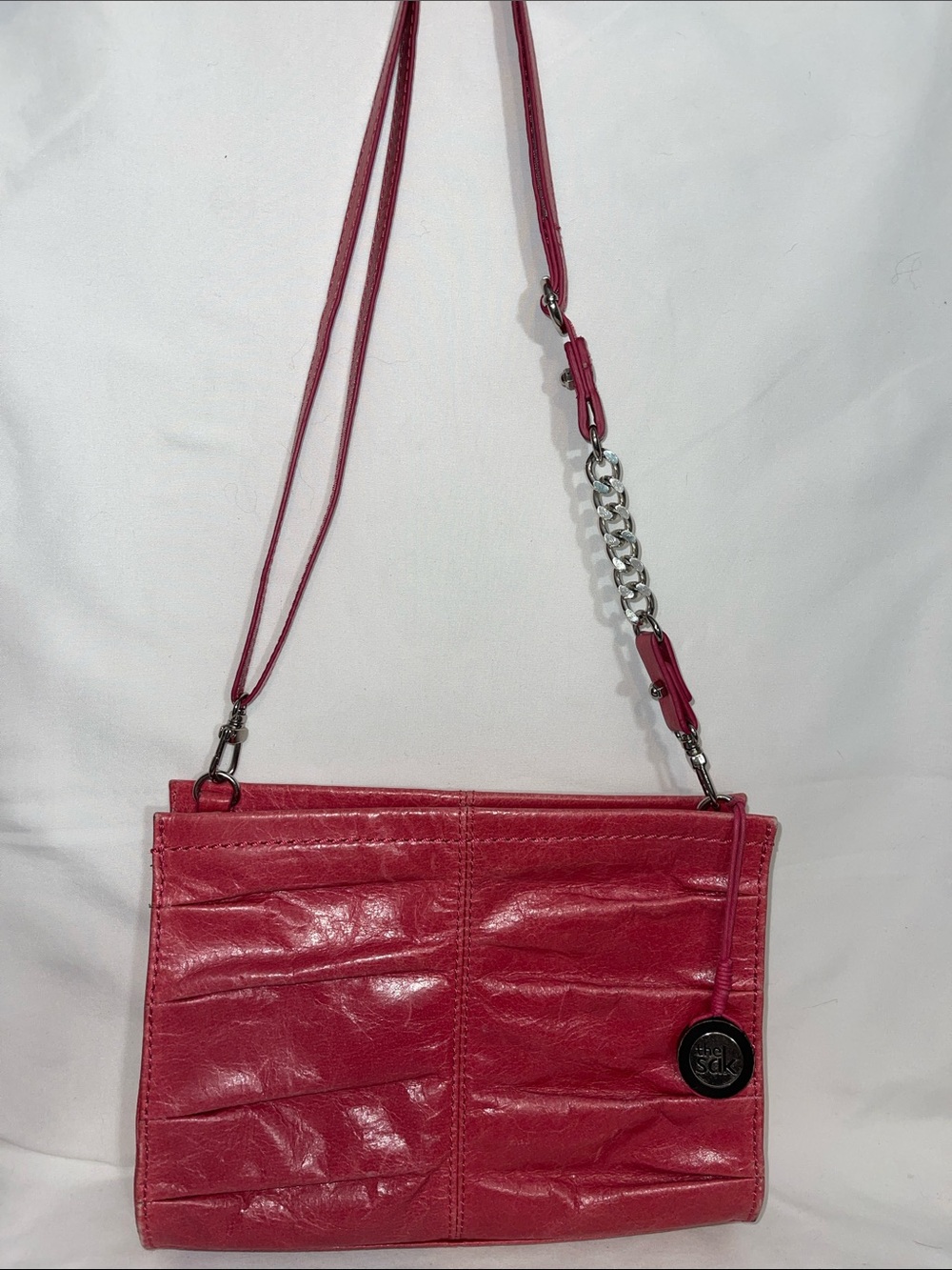 THE SAK Charleston Pink Leather Demi Clutch Pleated Shoulder Chain Strap Handbag